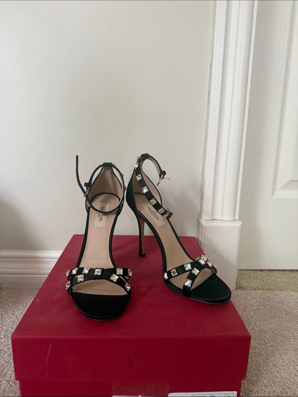 Valentino Black Crystal-Strap Stiletto Sandals